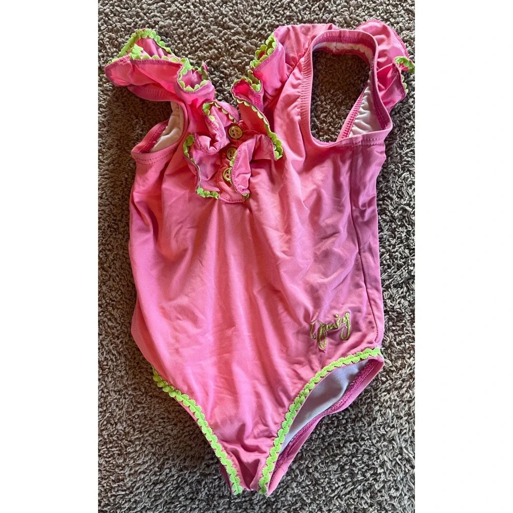 Juicy Couture Baby Girls Pink Neon Green Ruffle One Piece Swimsuit 18/24M Logo